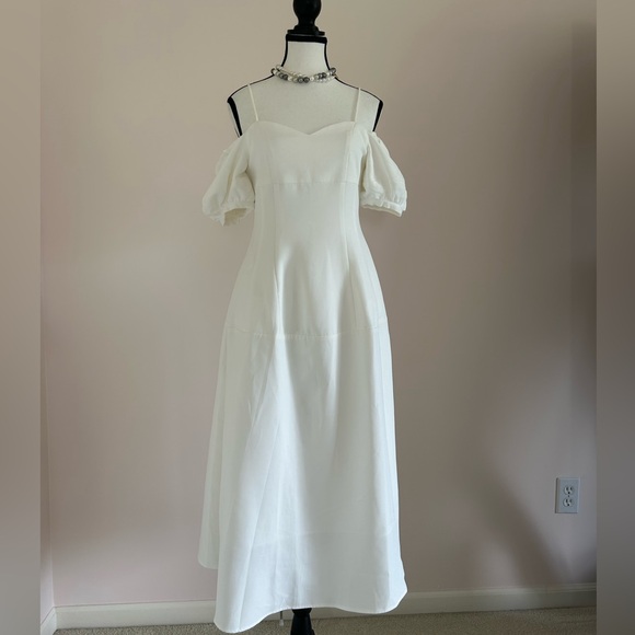 White Puff Sleeve Midi Dress with Square Neckline - Picture 4 of 16
